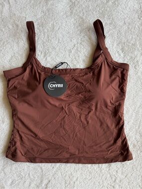 CHYRII Brown Longline Tank Top Built-In Bra NWT M